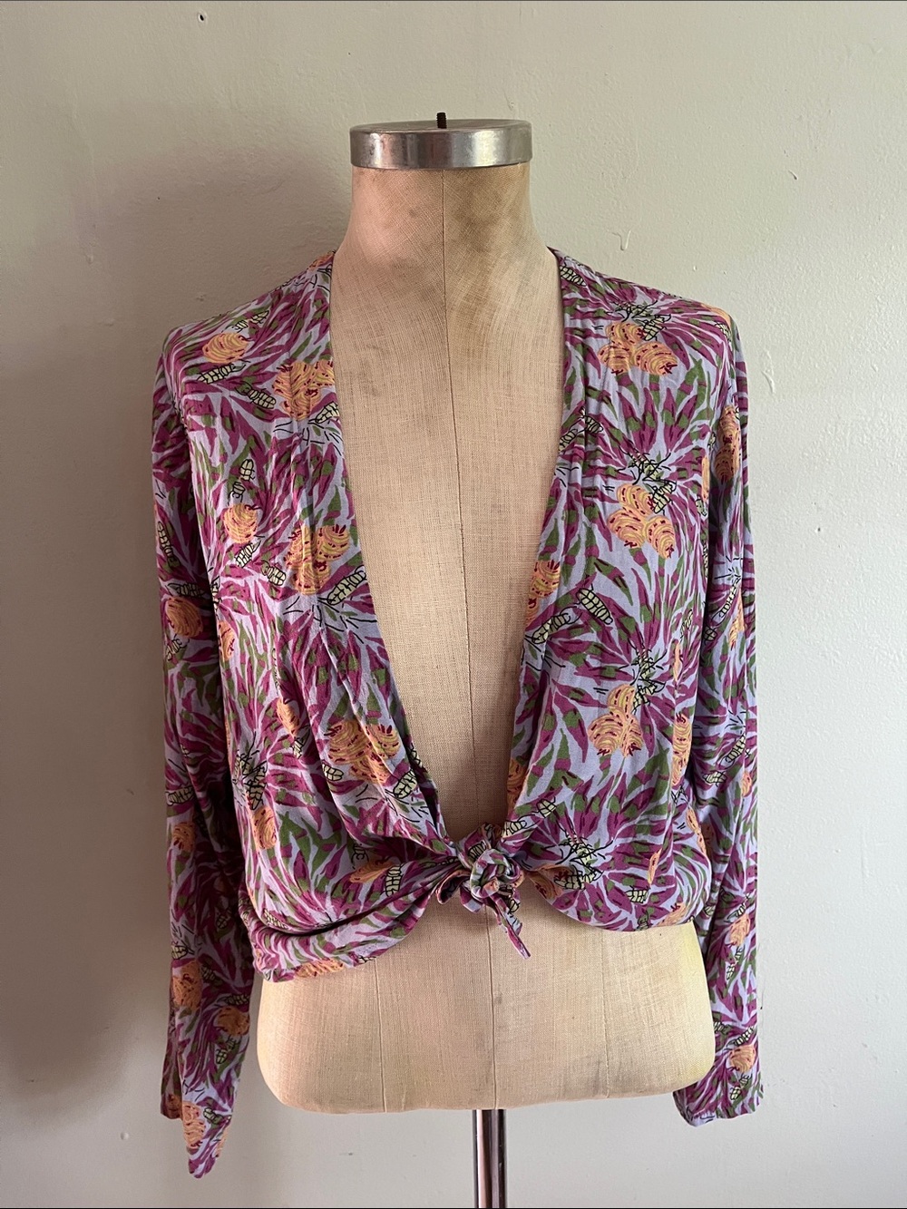 Flax Floral Tie-Front V-Neck Top - Purple/Yellow